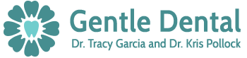 The image shows a logo with text reading  GENTLE DENTAL SMILES  on a light blue background, accompanied by a graphic element resembling a smile or sunburst at the top right corner.