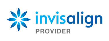The image features a logo with text that reads  Invisalign  and  Professional Provider,  set against a blue background with a white starburst graphic, along with a phone number.