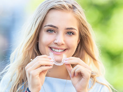 The image features a young woman smiling at the camera while holding up a toothbrush with a toothpaste strip on it, displaying a bright smile with a clear brushing effect.